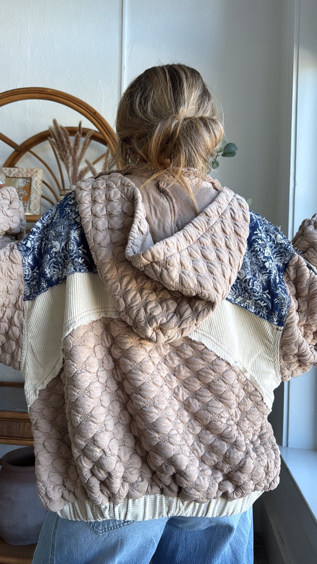 Now Trending Oversized Contrast Quilted Jacket, Tan/Denim Blue