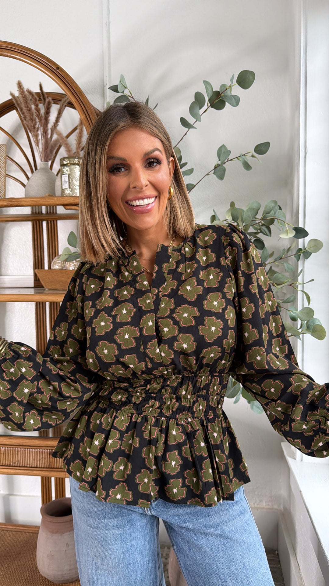 Indy Bell Blouse, Black/ Olive