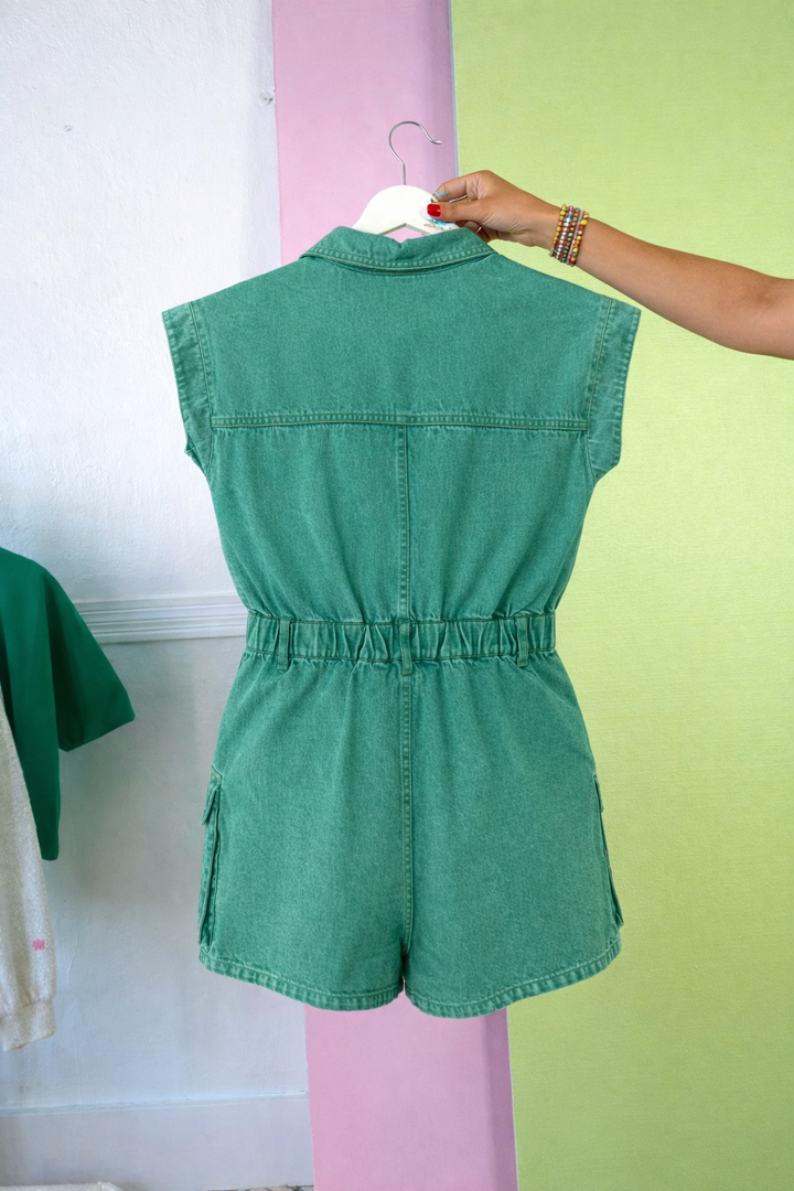 Lucky You Denim Romper, Green