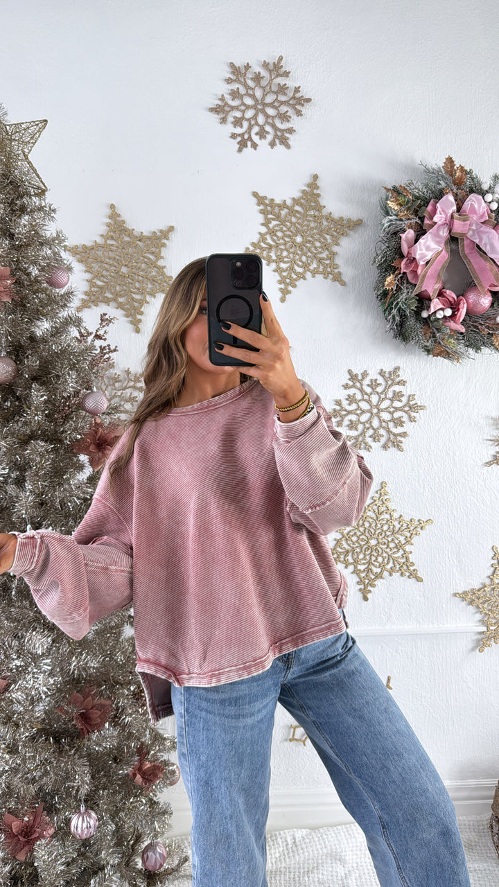DOORBUSTER: Acid Washed Ribbed Cropped Pullover, Winter Rose