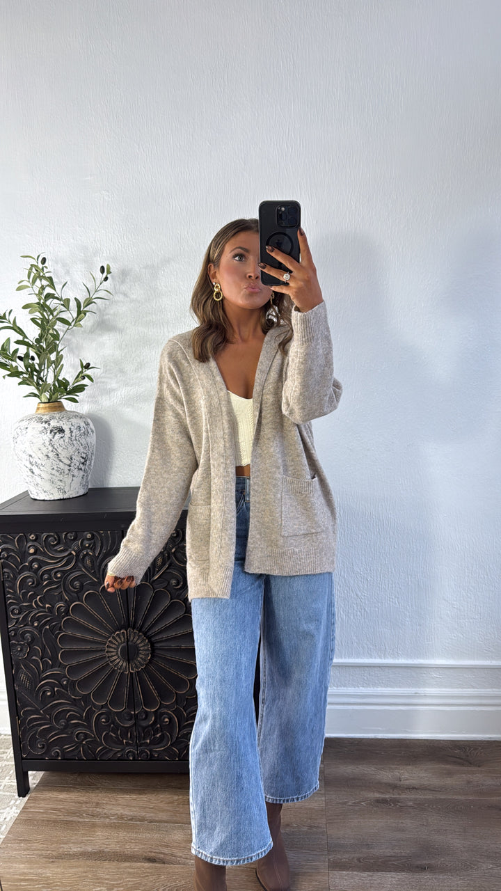 Coziest Hooded Cardi, Taupe