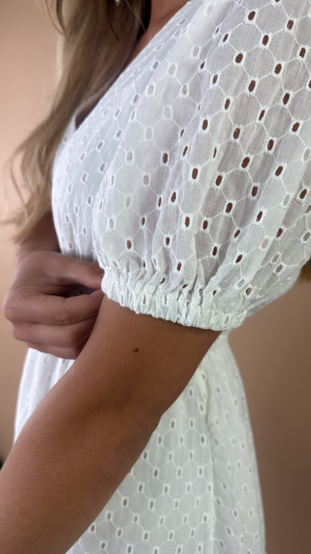 Eyelet V Neck Mini Dress, White Medium Eyelet V Neck Mini Dress, White Medium