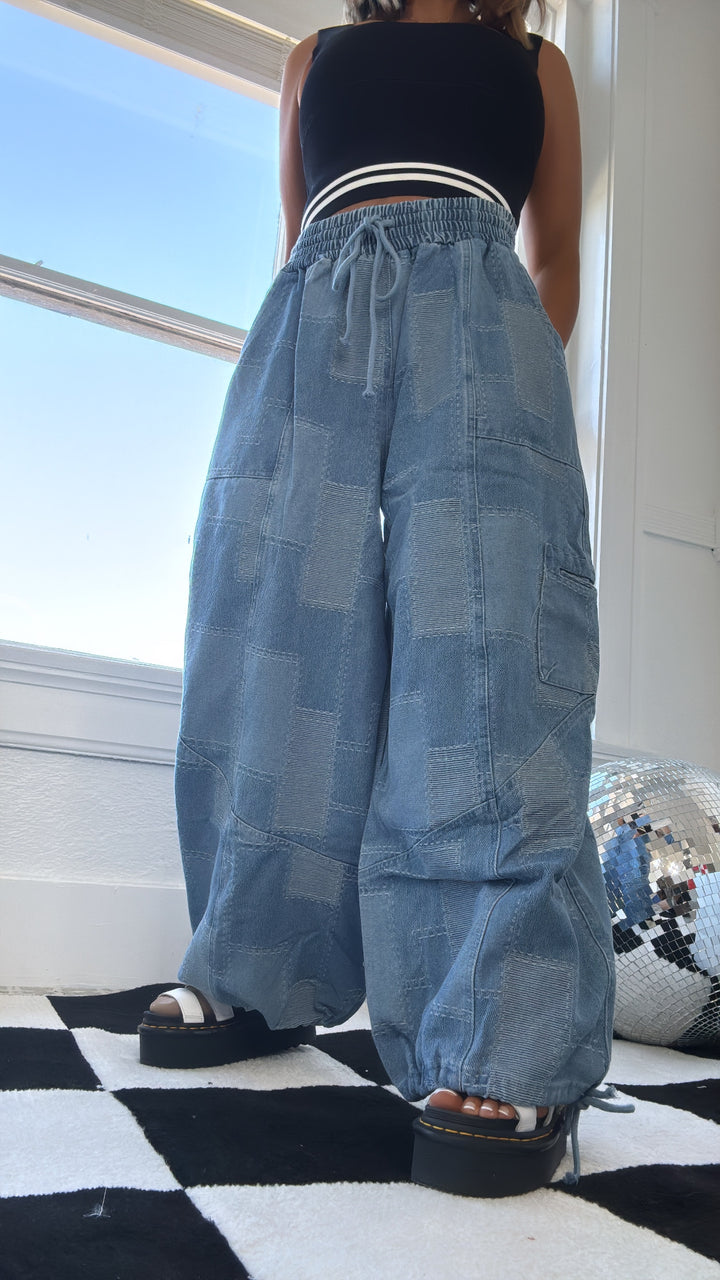 ECB Exclusive: Demi Denim Checkered Patchwork Jogger Pant