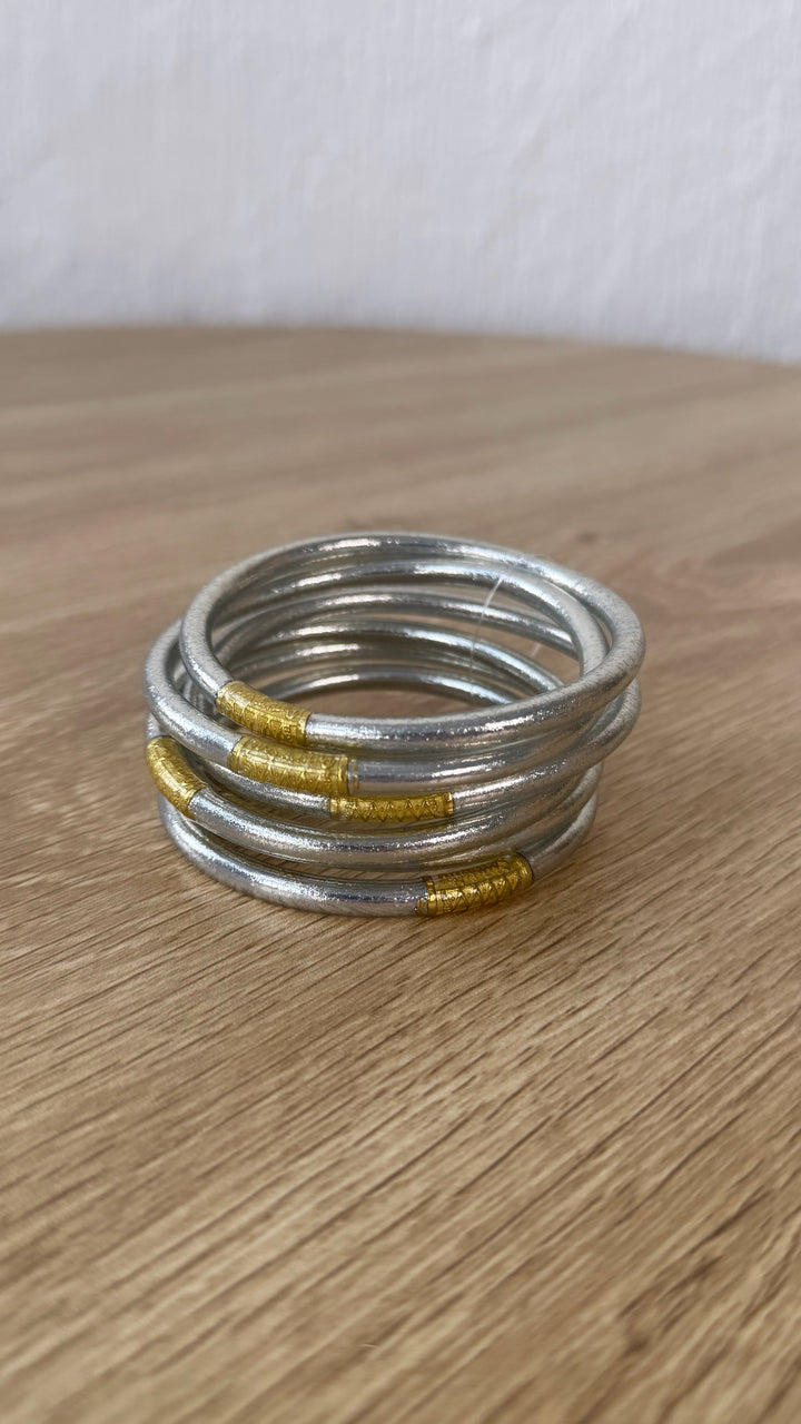 BuDhaGirl: Silver All Weather Bangle (Set of 6)- Serenity Prayer