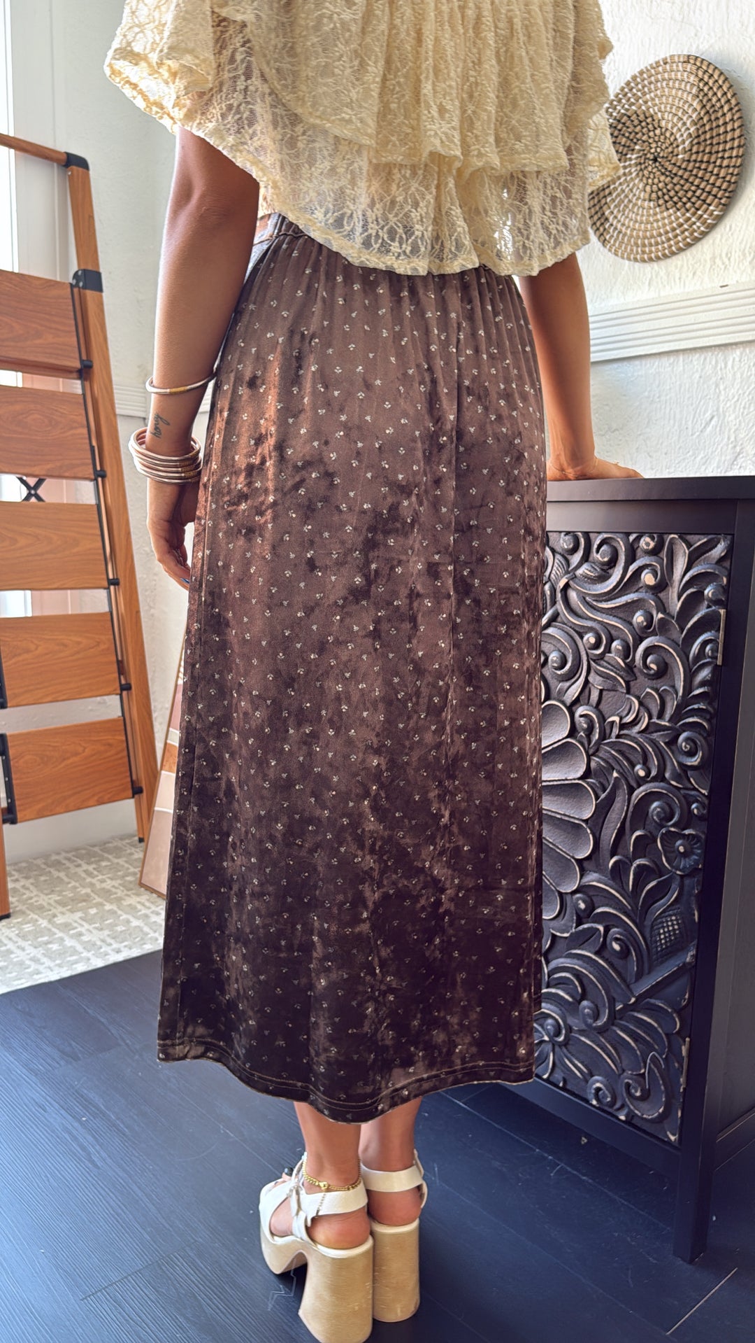 Toasted Fig Velvet Midi Skirt, Brown