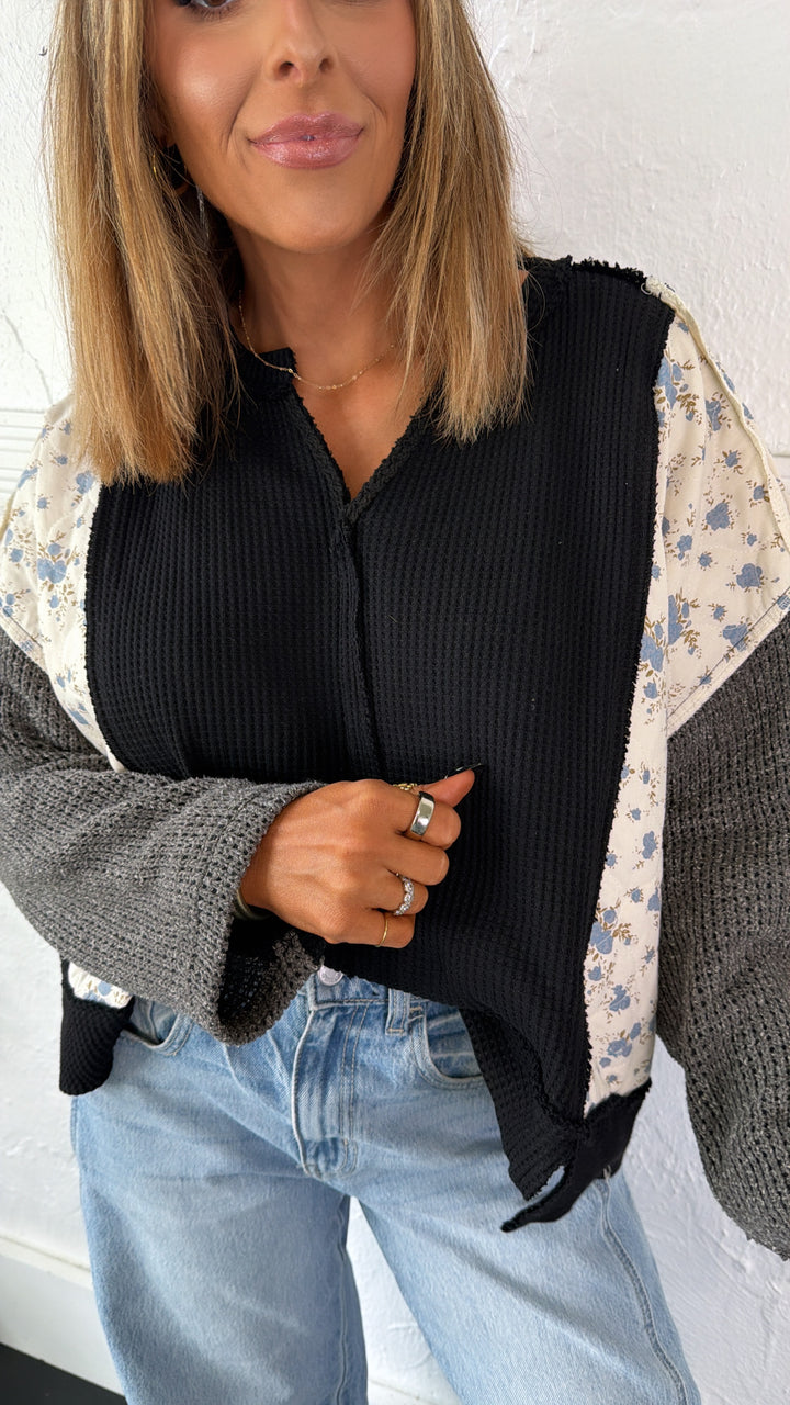 DOORBUSTER: POL Floral Sleeve Sweater, Black