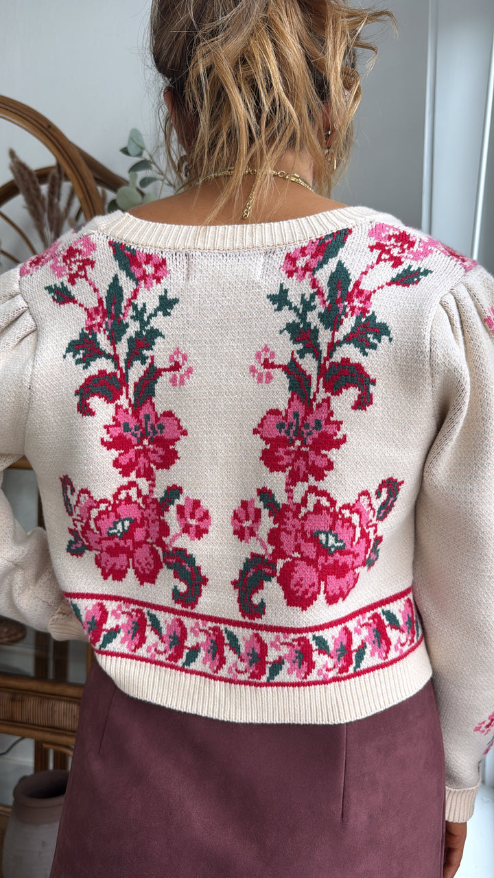 RoseAnn Knit Cardigan, Ivory/Red Floral