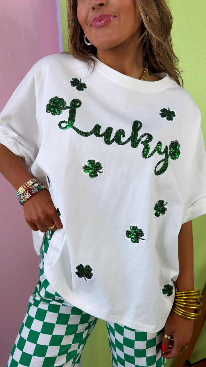Lucky Sequin Patch Top, White