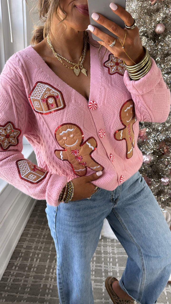 Holiday Gingerbread Man Cardi, Pink
