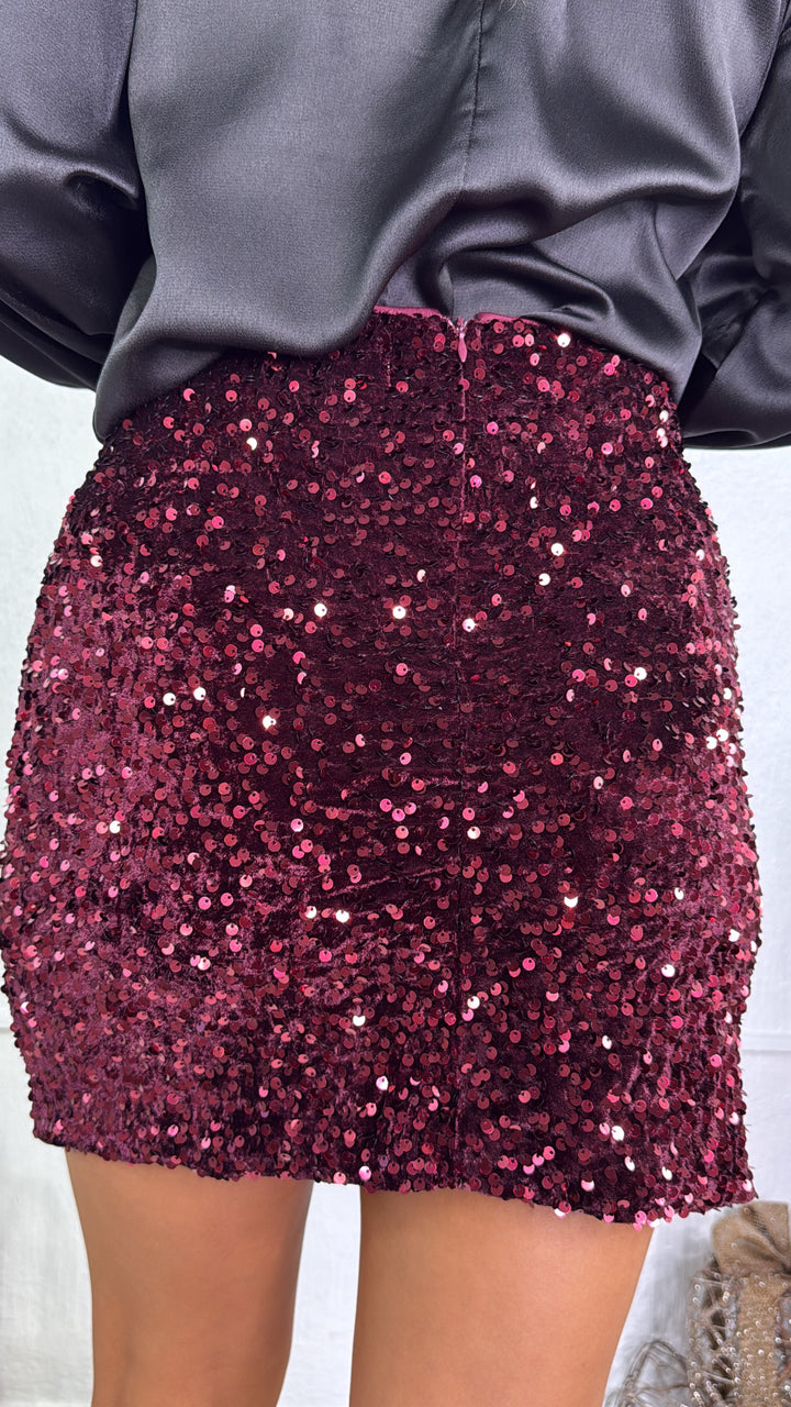 Dress To Impress Sequin Mini Skirt, Wine