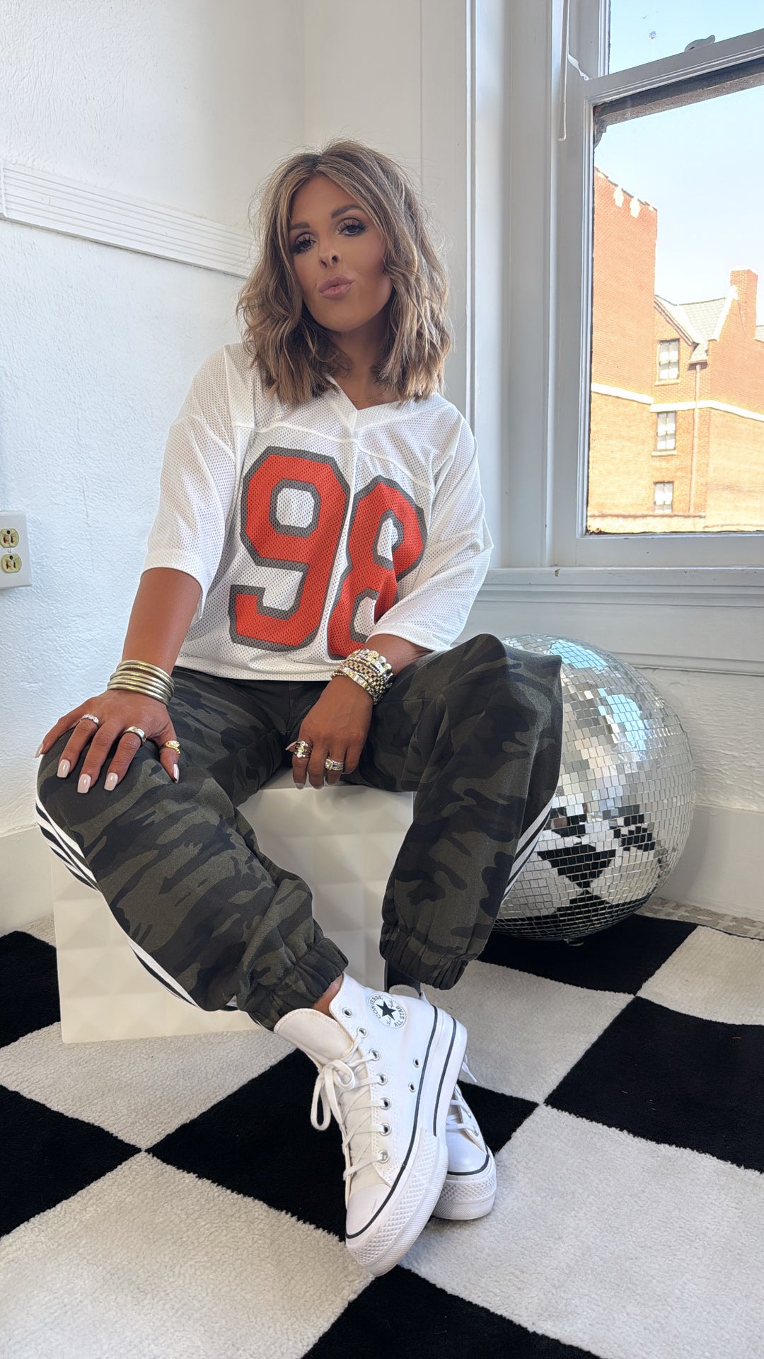 Bleacher Babe Jersey Top, White/ Orange