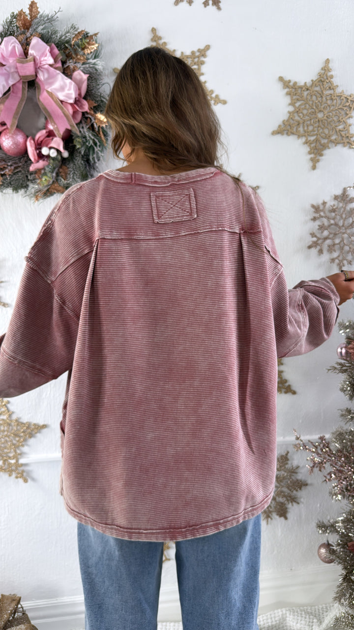DOORBUSTER: Acid Washed Ribbed Cropped Pullover, Winter Rose