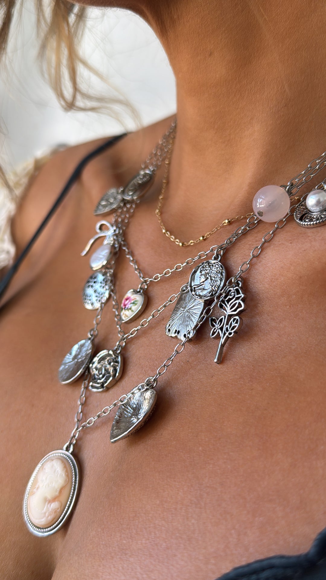 Rose Crest Multi Layered Necklace, Silver