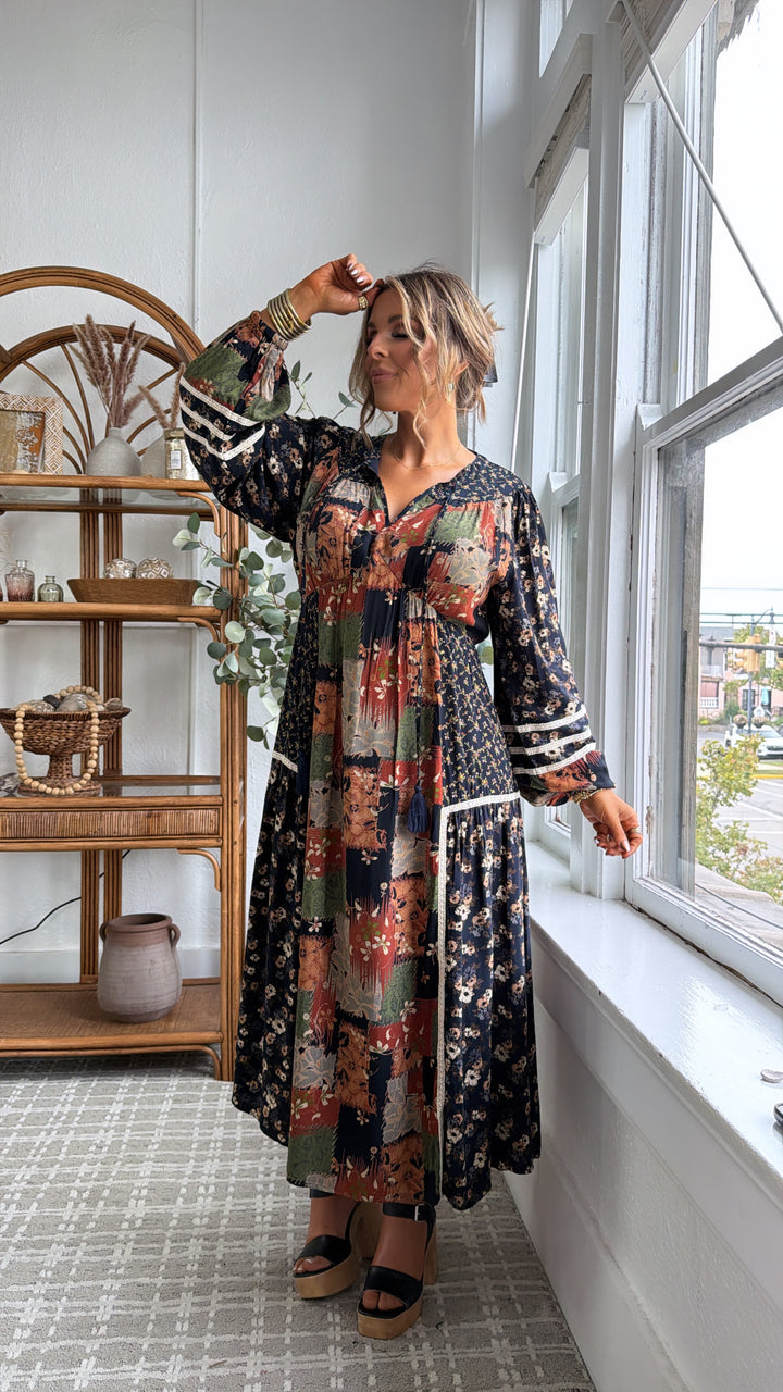 Amber Patch Midi Dress, Navy Multi