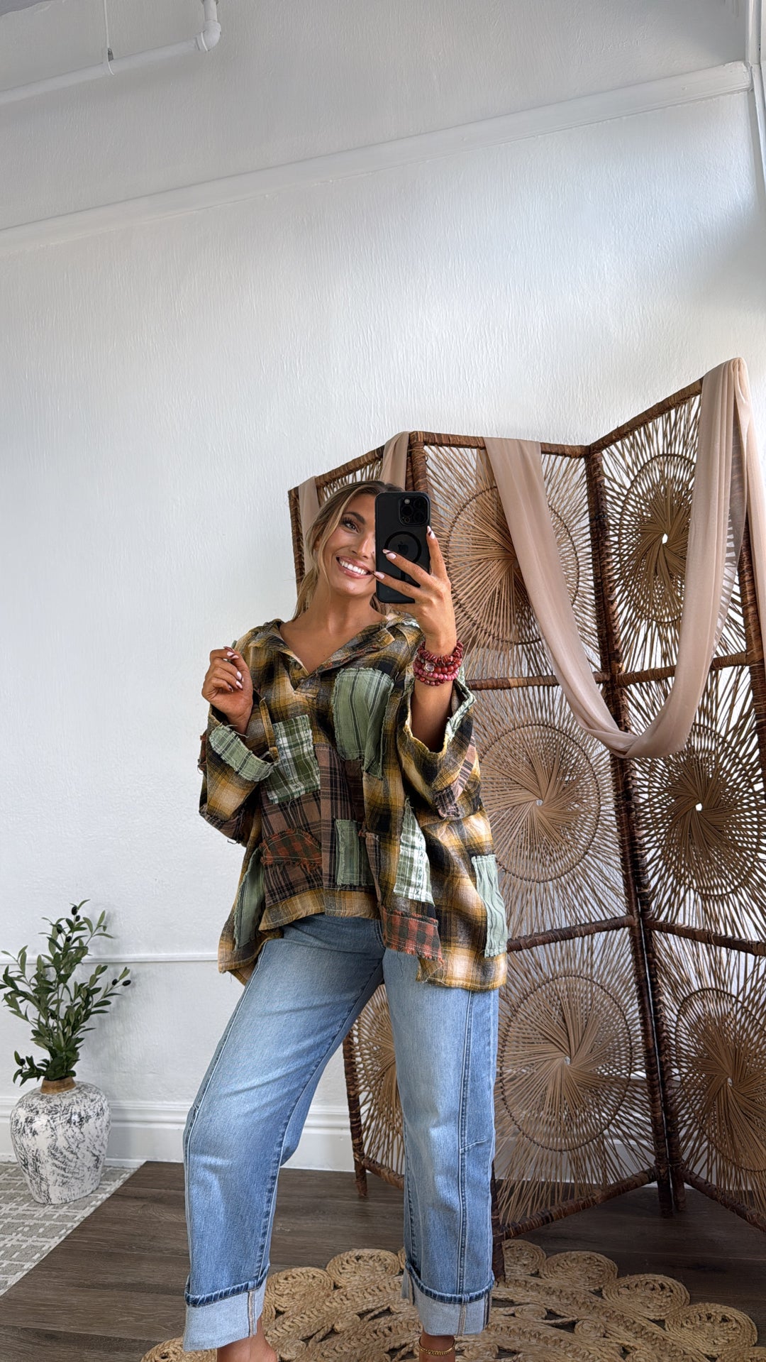 Mix It Up Patchwork Flannel Hooded Top