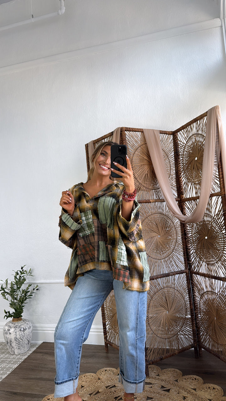 Mix It Up Patchwork Flannel Hooded Top