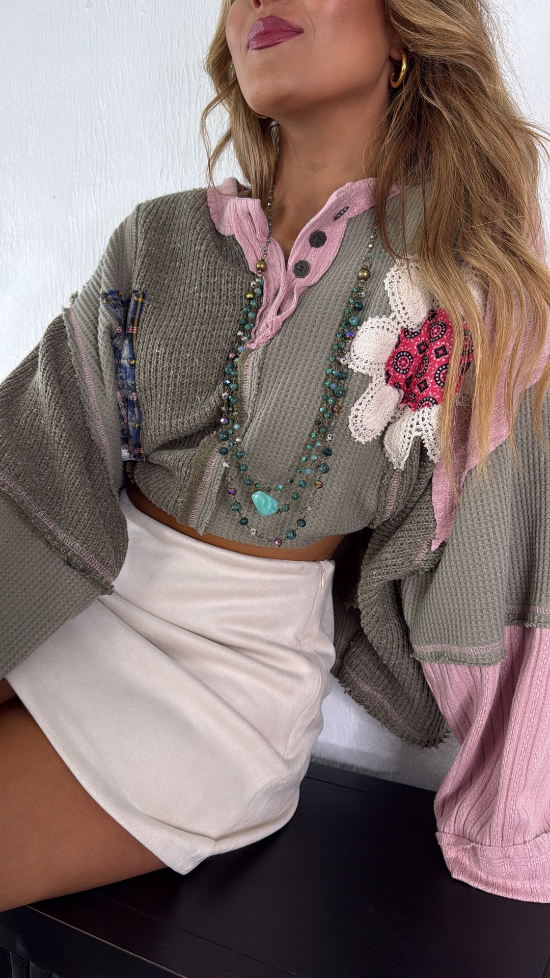 Sweet Impression Patchwork Long Sleeve Top, Olive Multi