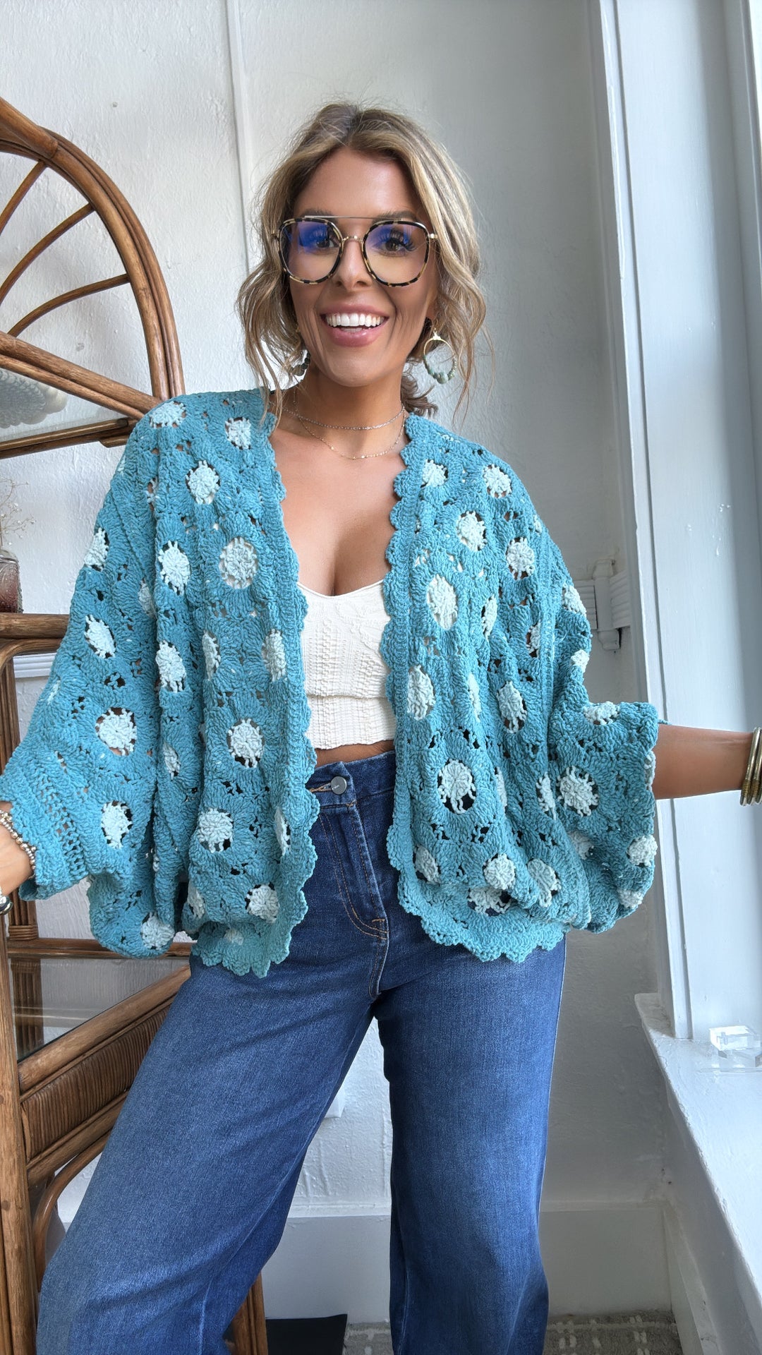 Harvest Drape Cardigan, Teal Blue/ Cream