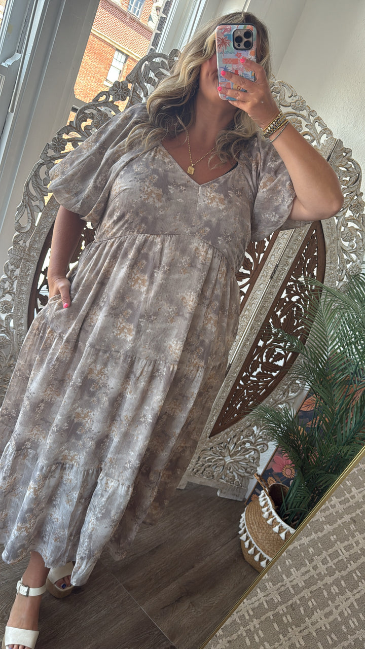 Granite Hues Whimsical Bubble Sleeve Maxi Dress, Taupe