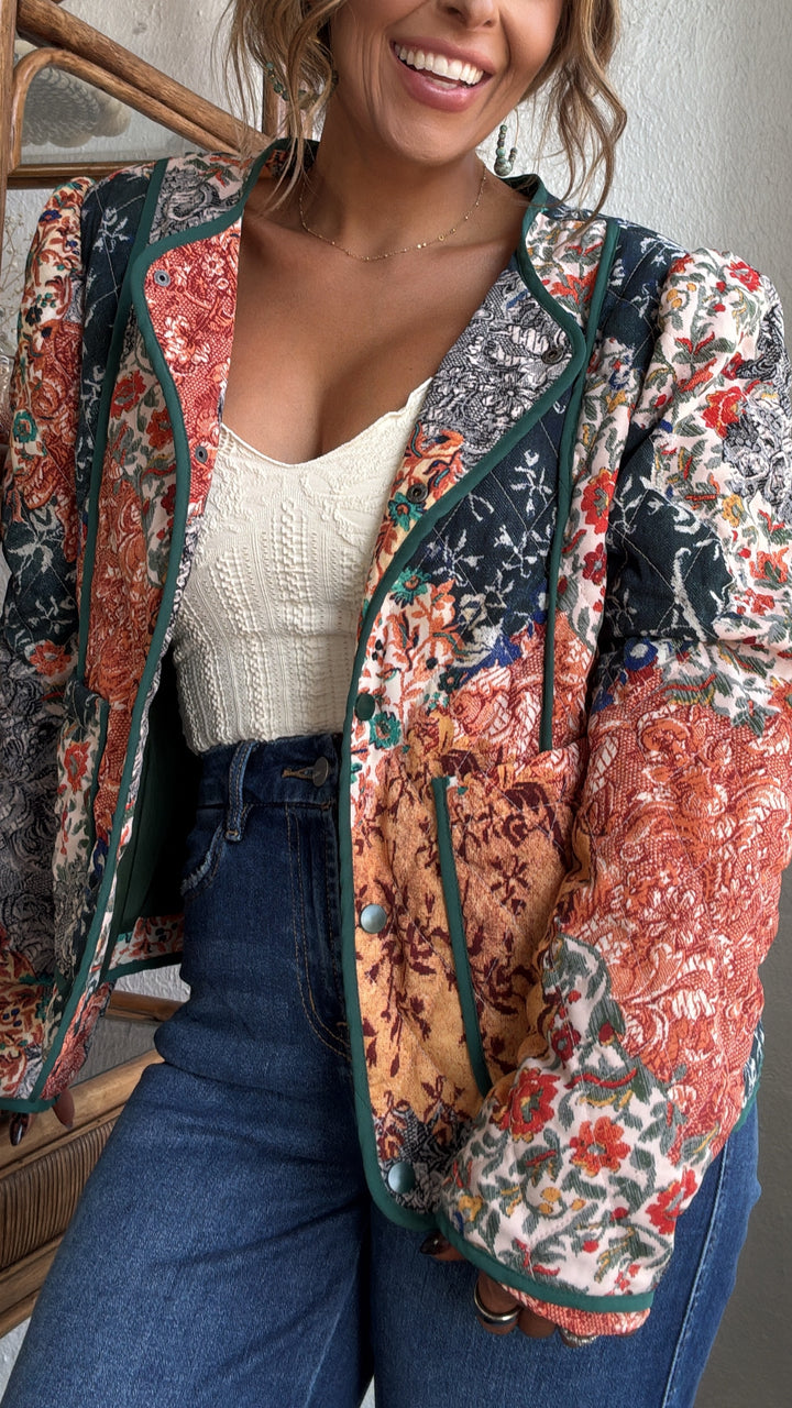 Dream in Patterns Quilted Patchwork Jacket, Navy