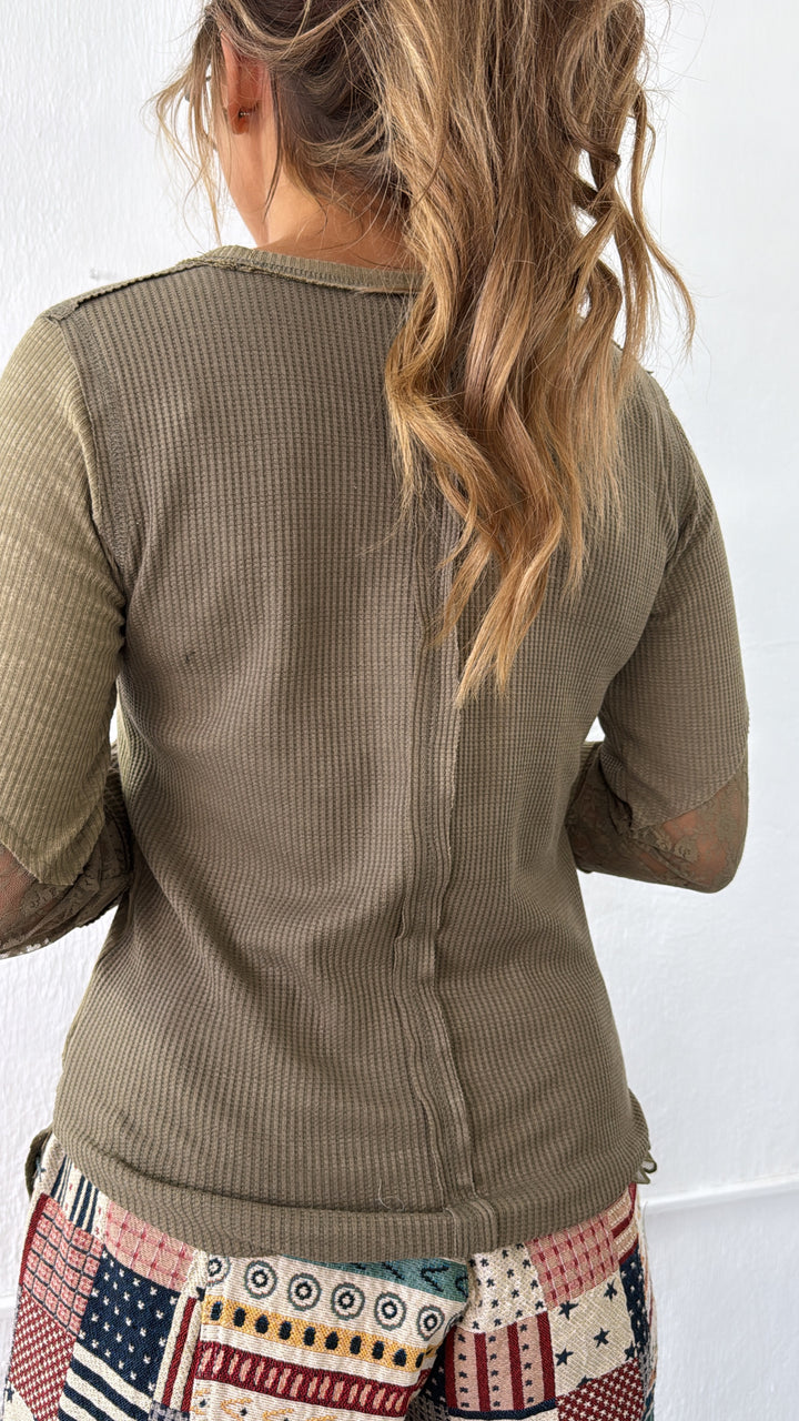 Unevenly Yours Lace Top, Olive