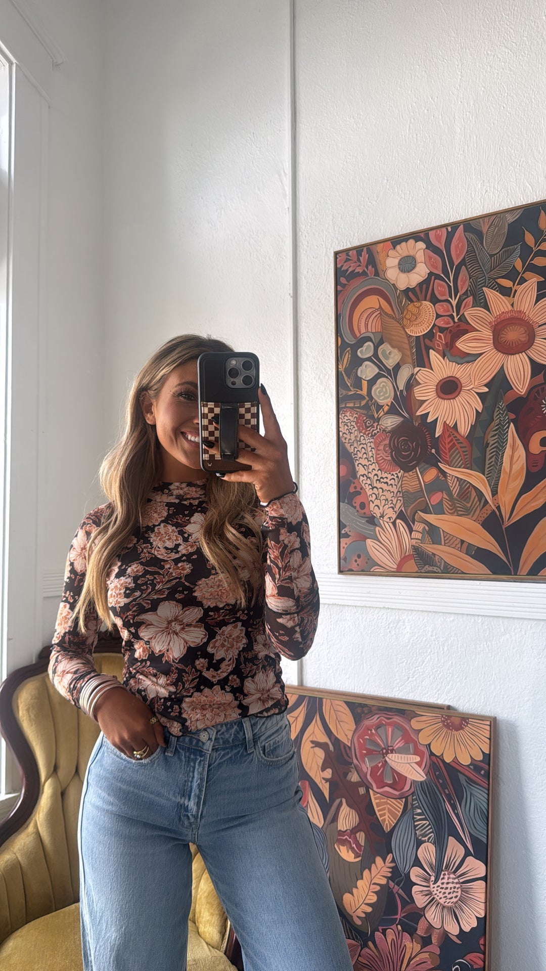 Rusted Daisy Mesh Top, Black