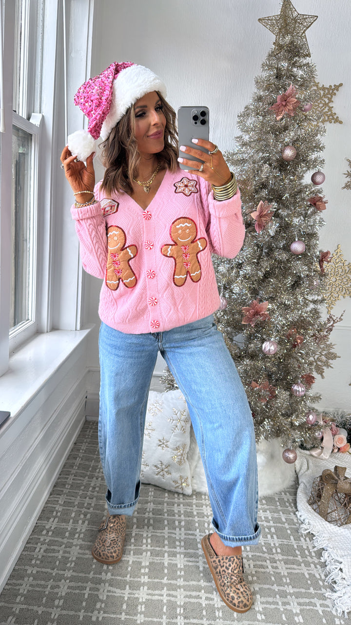 Holiday Gingerbread Man Cardi, Pink