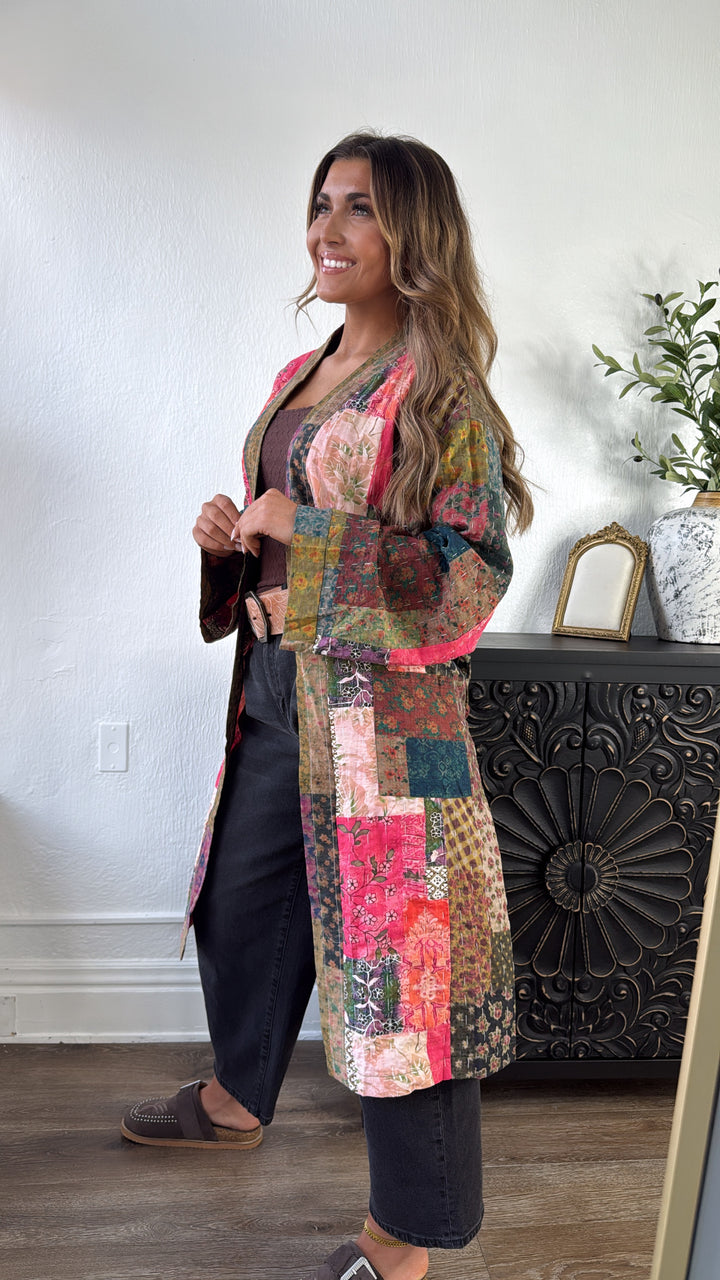 Laguna Mist Patchwork Duster Cardigan, Taupe/Pink/Multi