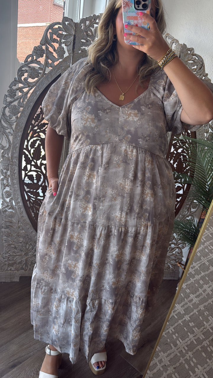 Granite Hues Whimsical Bubble Sleeve Maxi Dress, Taupe