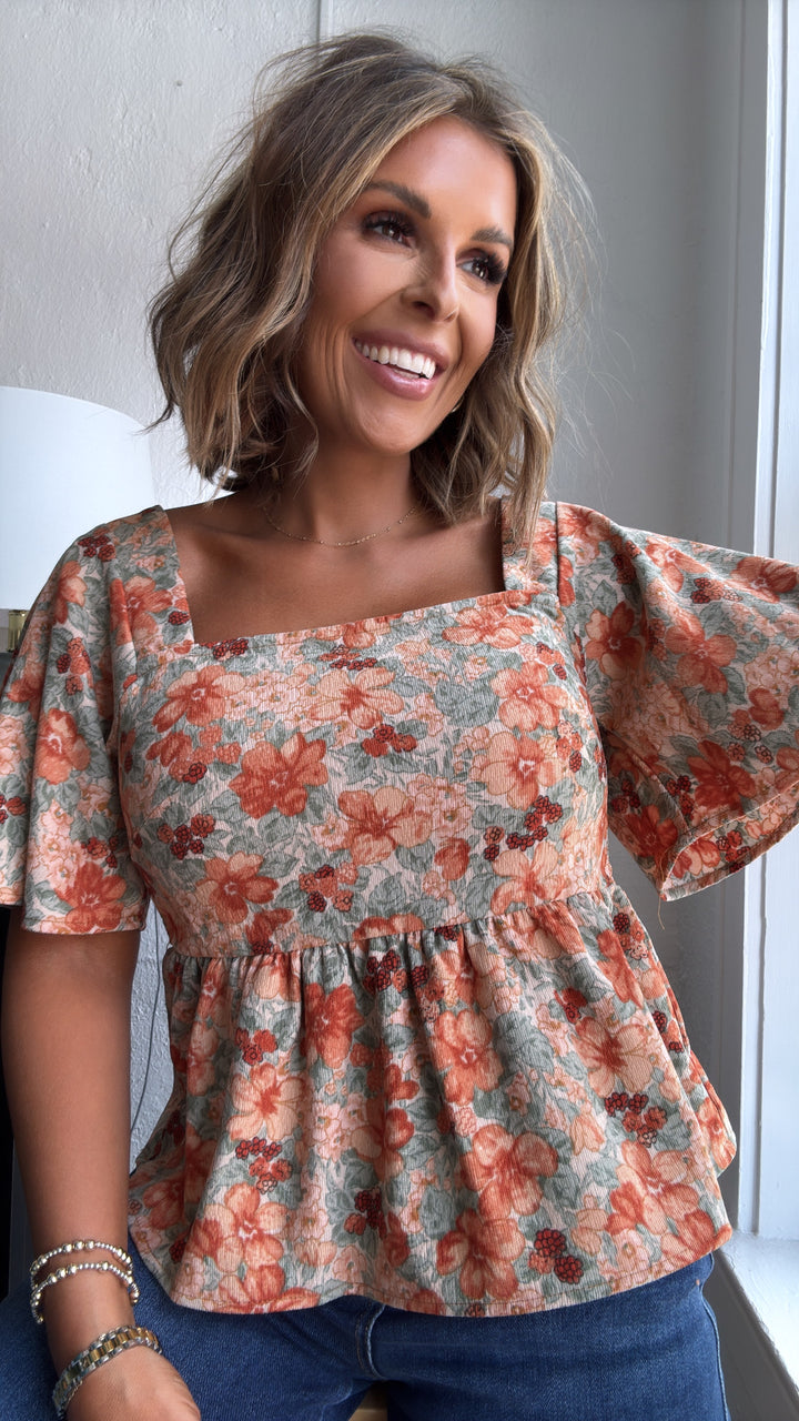 ECB Exclusive: Floral Fields Textured Baby Doll Blouse