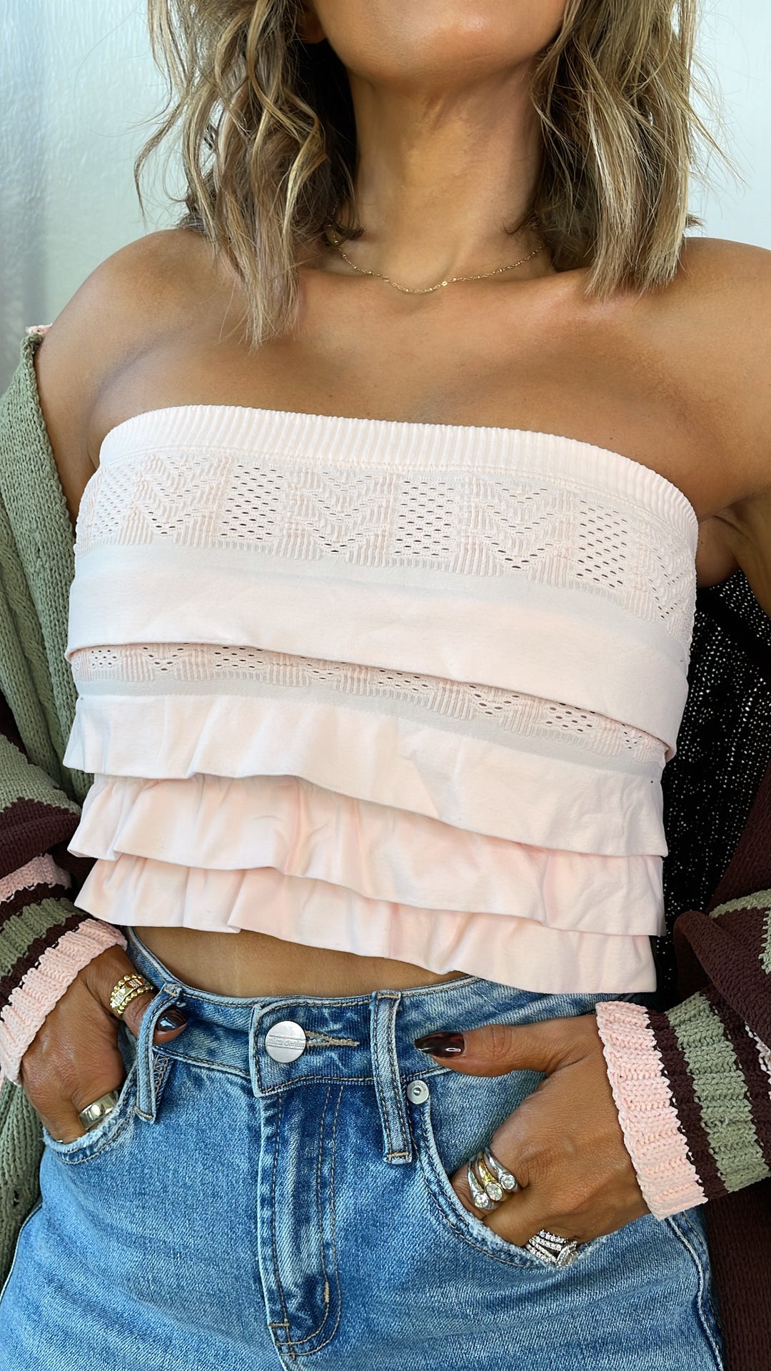 Layered Ruffled Tube Top, Peachy Pink