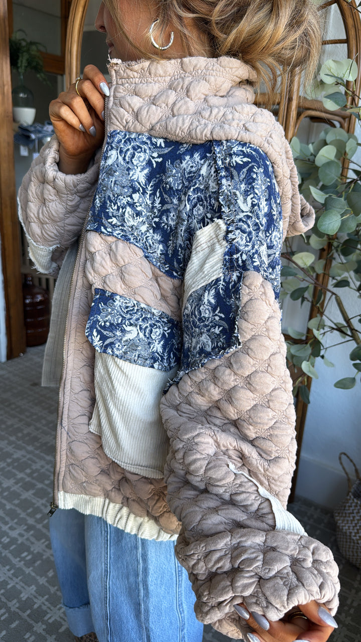 Now Trending Oversized Contrast Quilted Jacket, Tan/Denim Blue