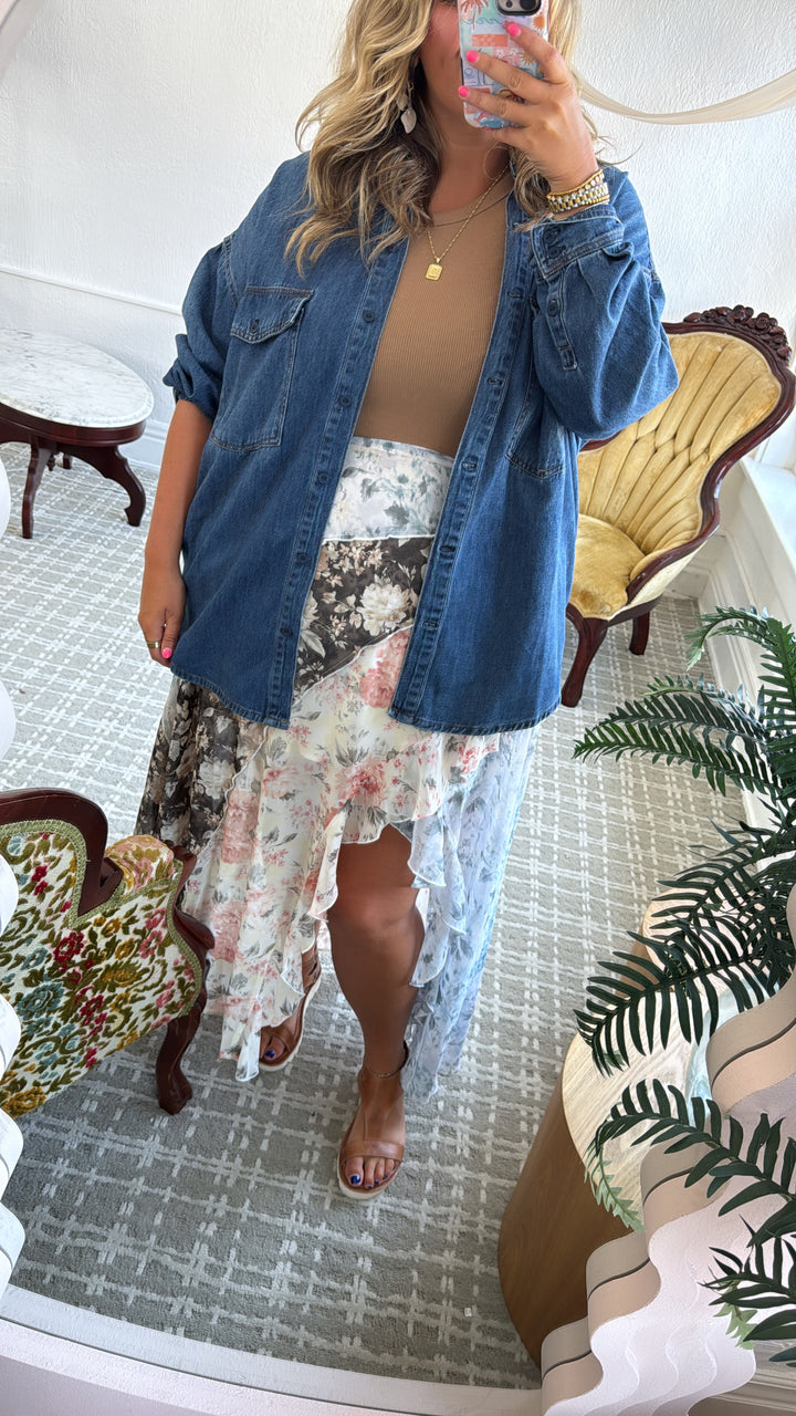 All Mine Mix Print Chiffon Ruffle Maxi Skirt