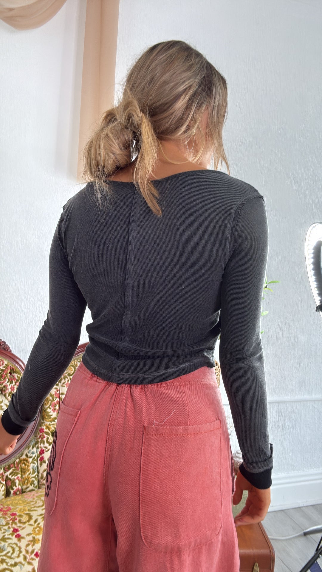 Knit Crop Long Sleeve Button Top, Black