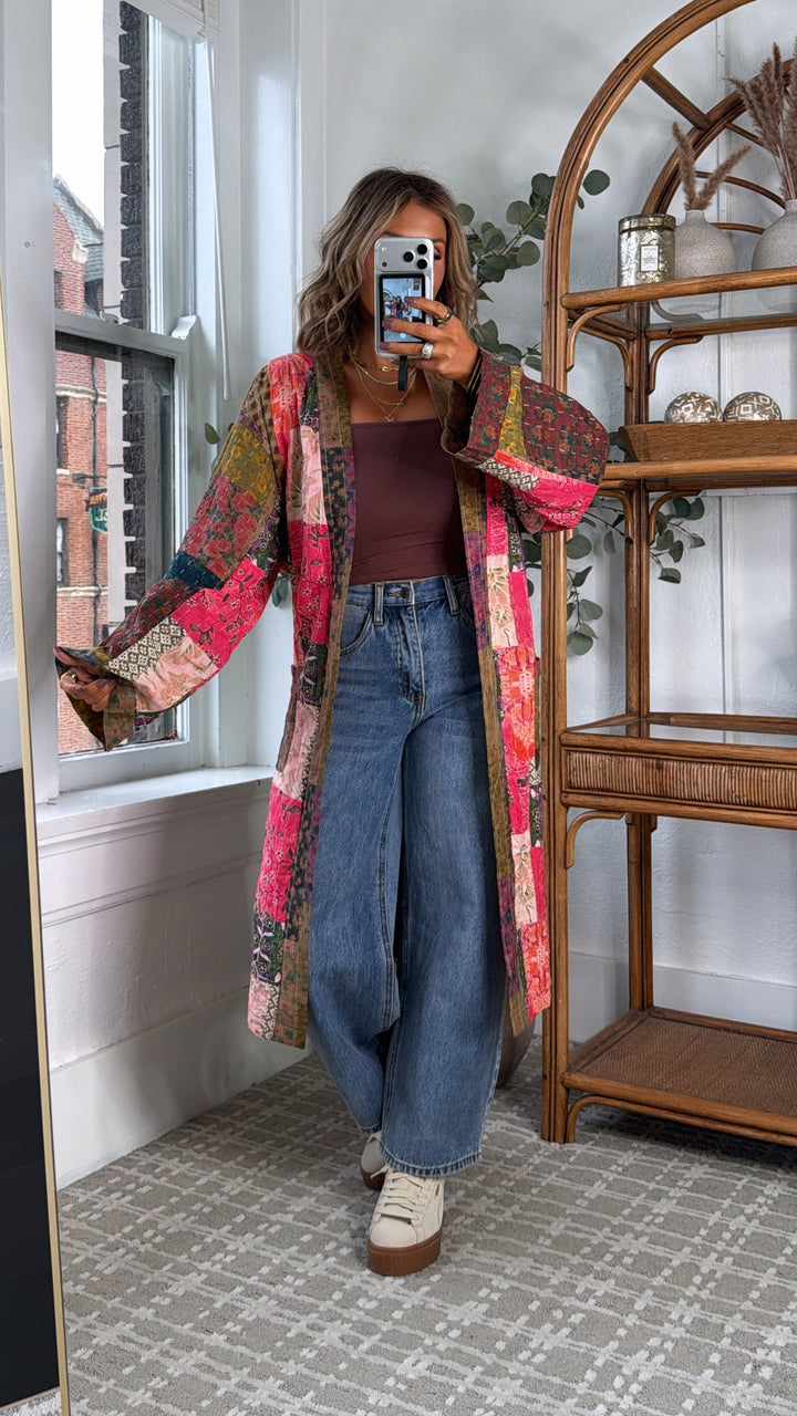 Laguna Mist Patchwork Duster Cardigan, Taupe/Pink/Multi