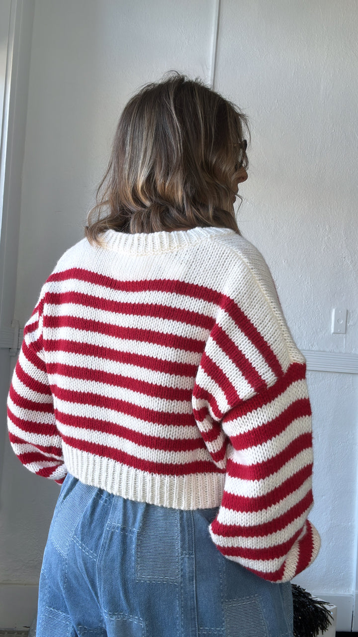 Velvet Striped Sweater, Red-White