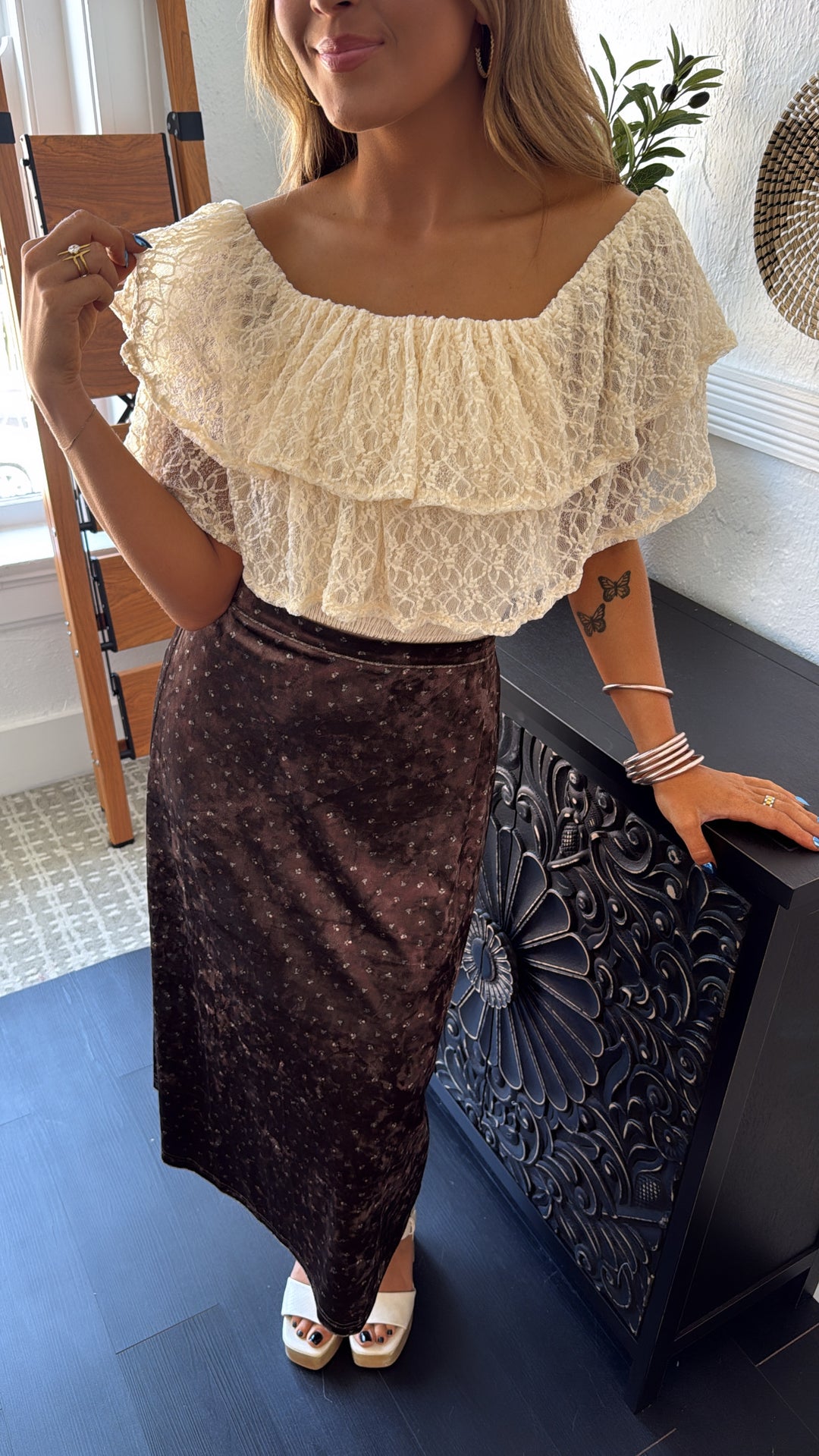 Toasted Fig Velvet Midi Skirt, Brown