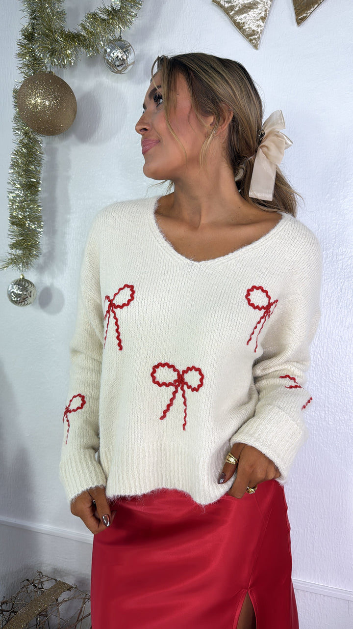 Velvet Ribbon Knit Sweater, Red/Cream