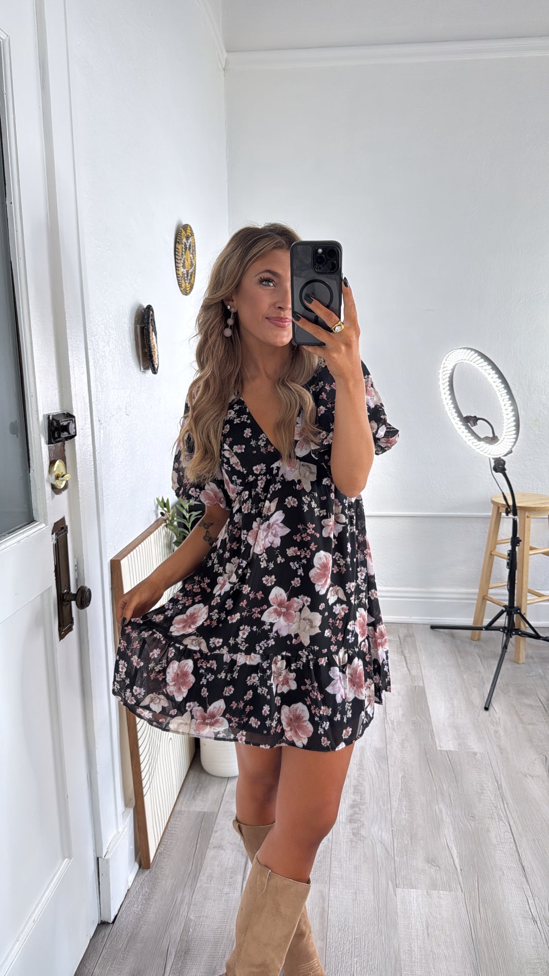 Della Dainty Floral Bubble Sleeve Mini Dress, Fall Black Multi