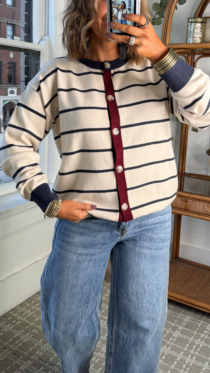 Timeless Stripe Knit Sweater, Oatmeal/Navy Stripe