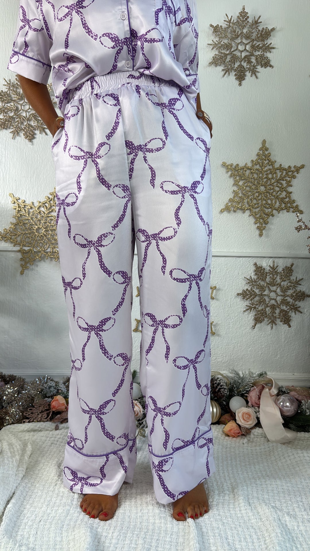 Bliss & Bows Satin Pajama Set, Purple