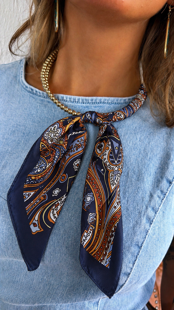 Half Bandana Necklace, Navy Multi/Gold