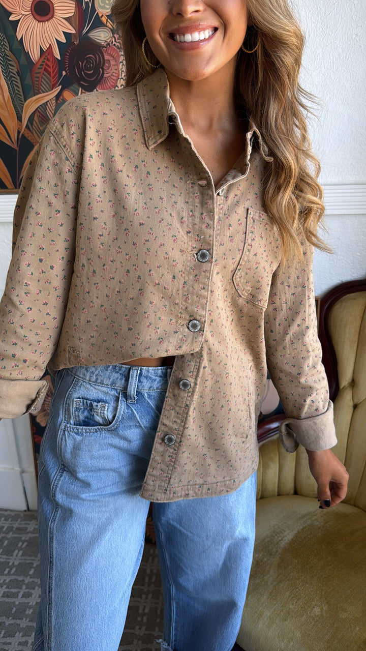 Pretty Petals Floral Print Denim Jacket, Mocha