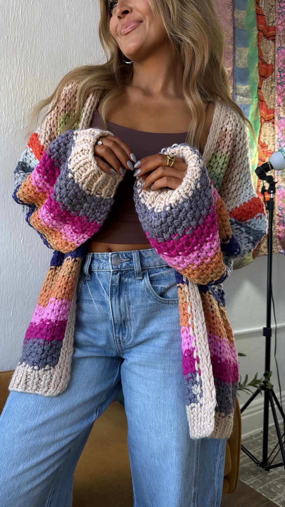 Hand Crochet Oversized Cardigan, Cream Multi