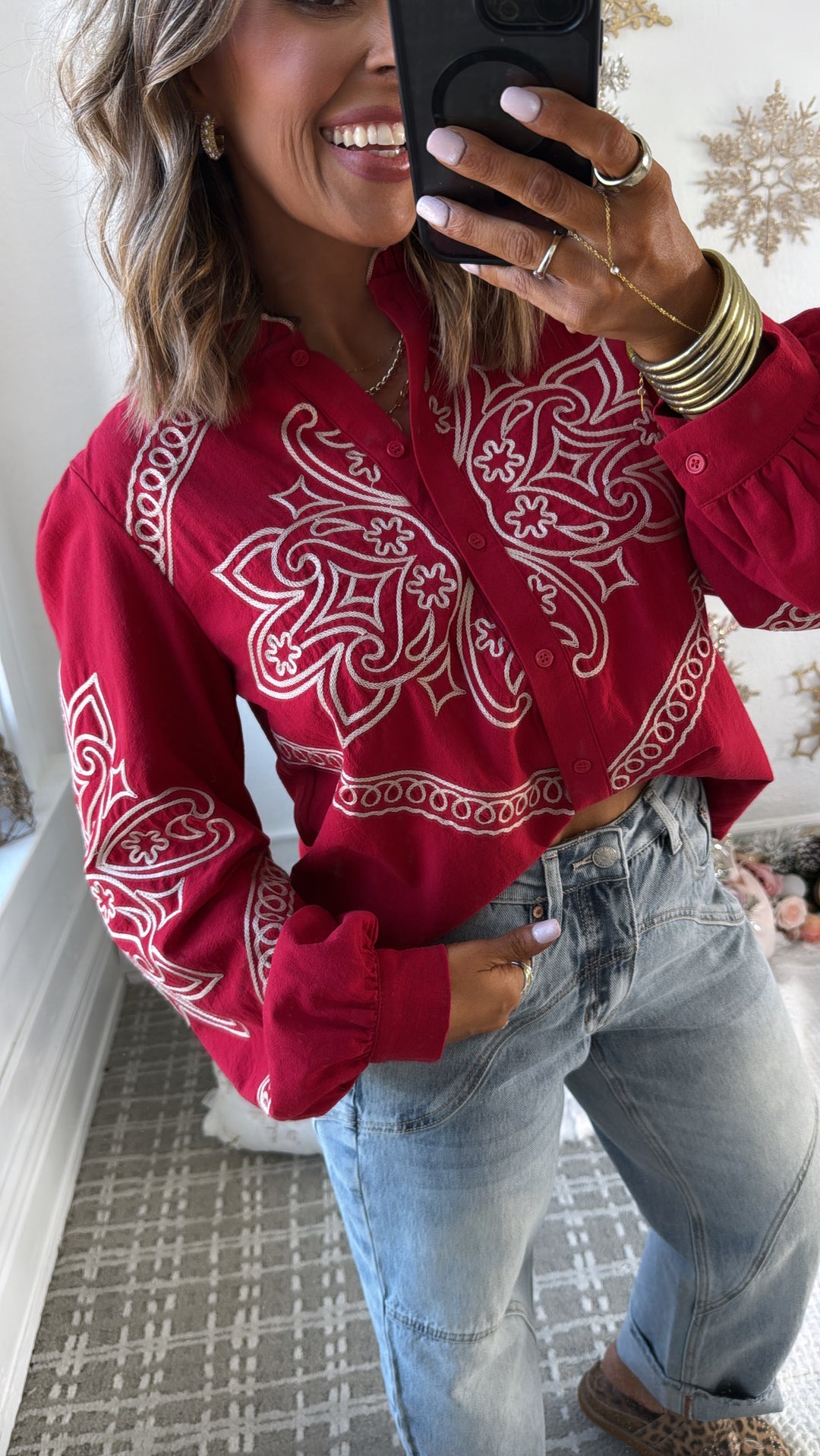 Sundance Ruffle Embroidered Button Up Top, Ruby Red