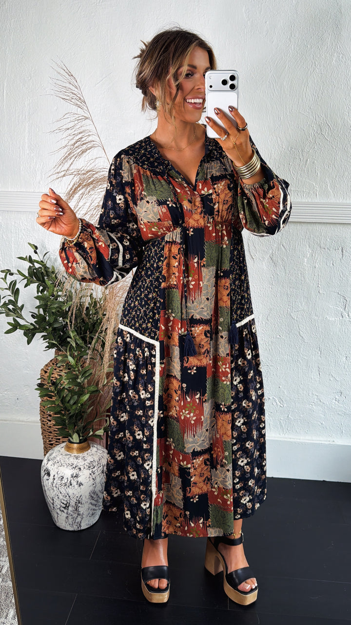 Amber Patch Midi Dress, Navy Multi