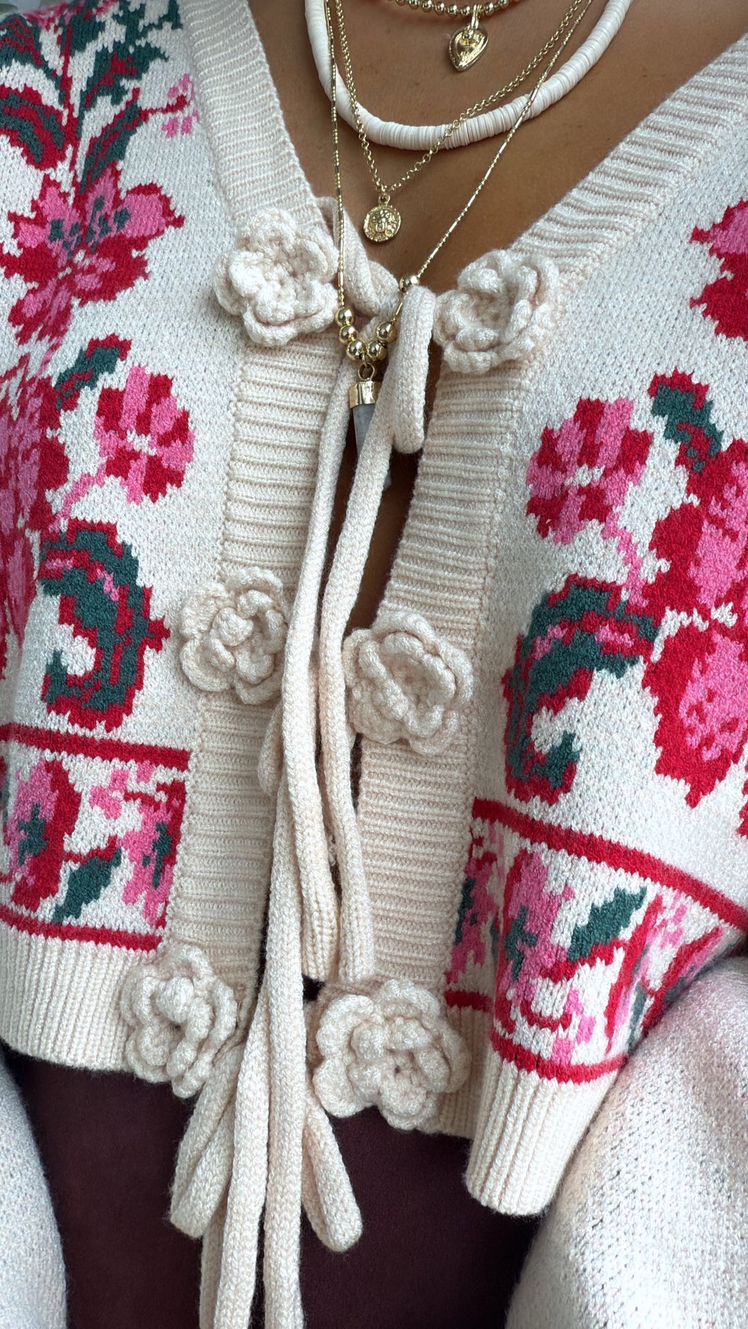 RoseAnn Knit Cardigan, Ivory/Red Floral
