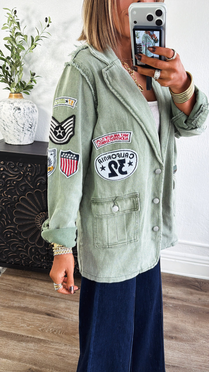 Vintage Patched Military Blazer, Powder Matcha