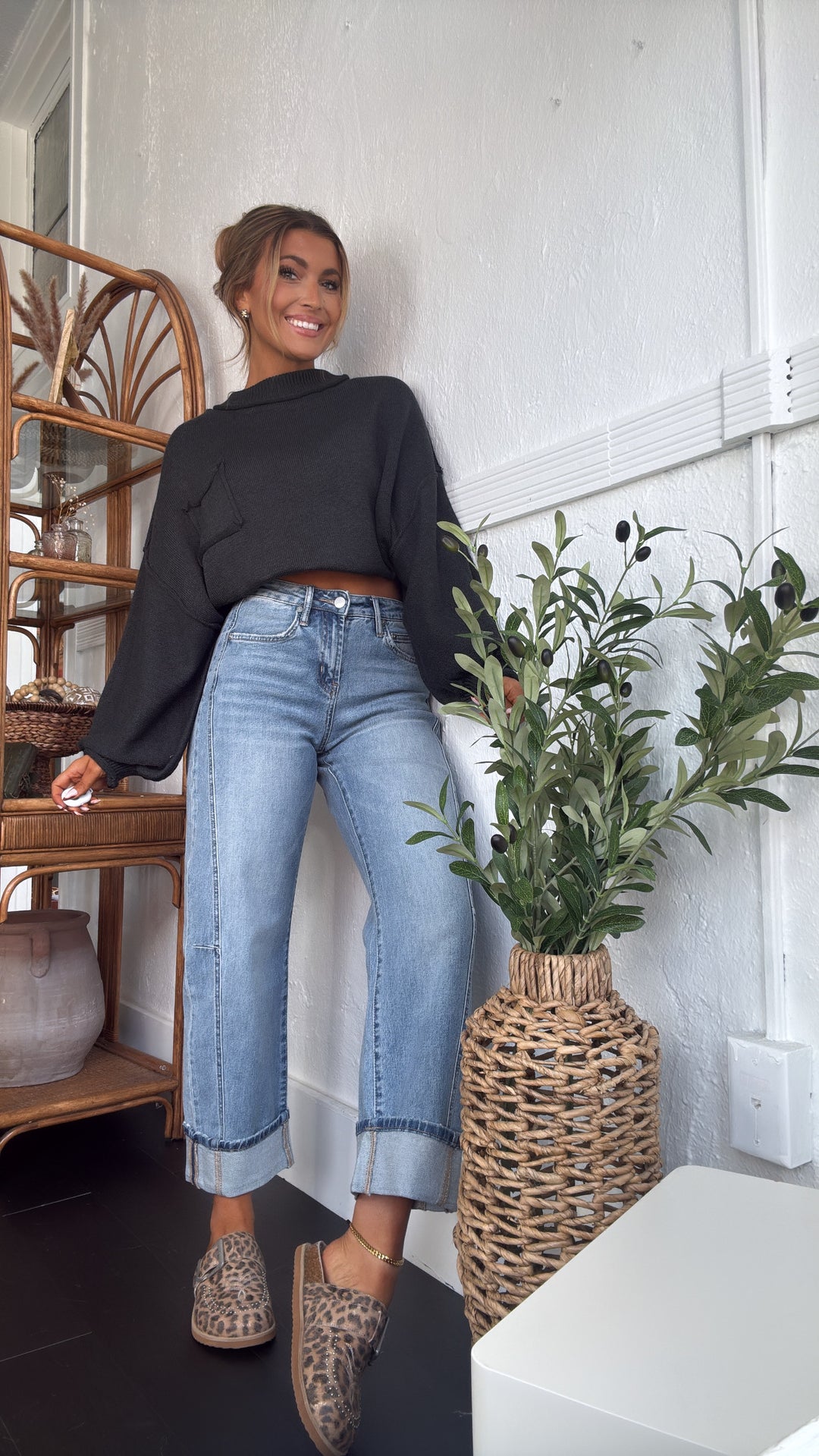 Elevated Basic Balloon Sleeve Sweater, Grey/Black