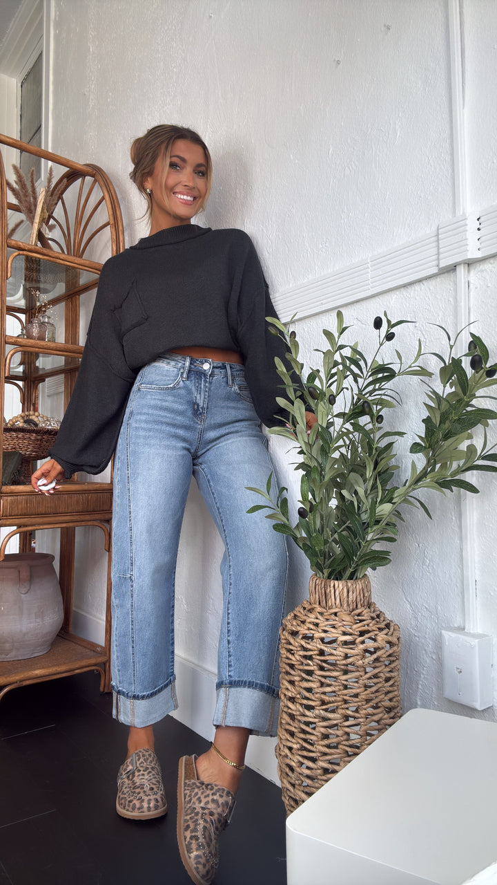 Elevated Basic Balloon Sleeve Sweater, Grey/Black